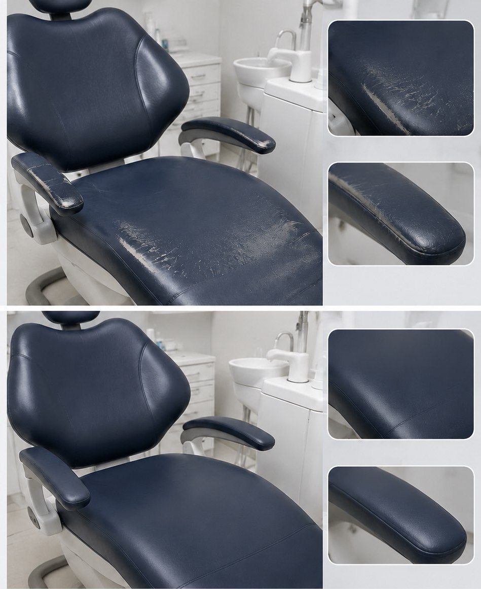 Repair of heavily worn vinyl on a dental chair seat and armrests
